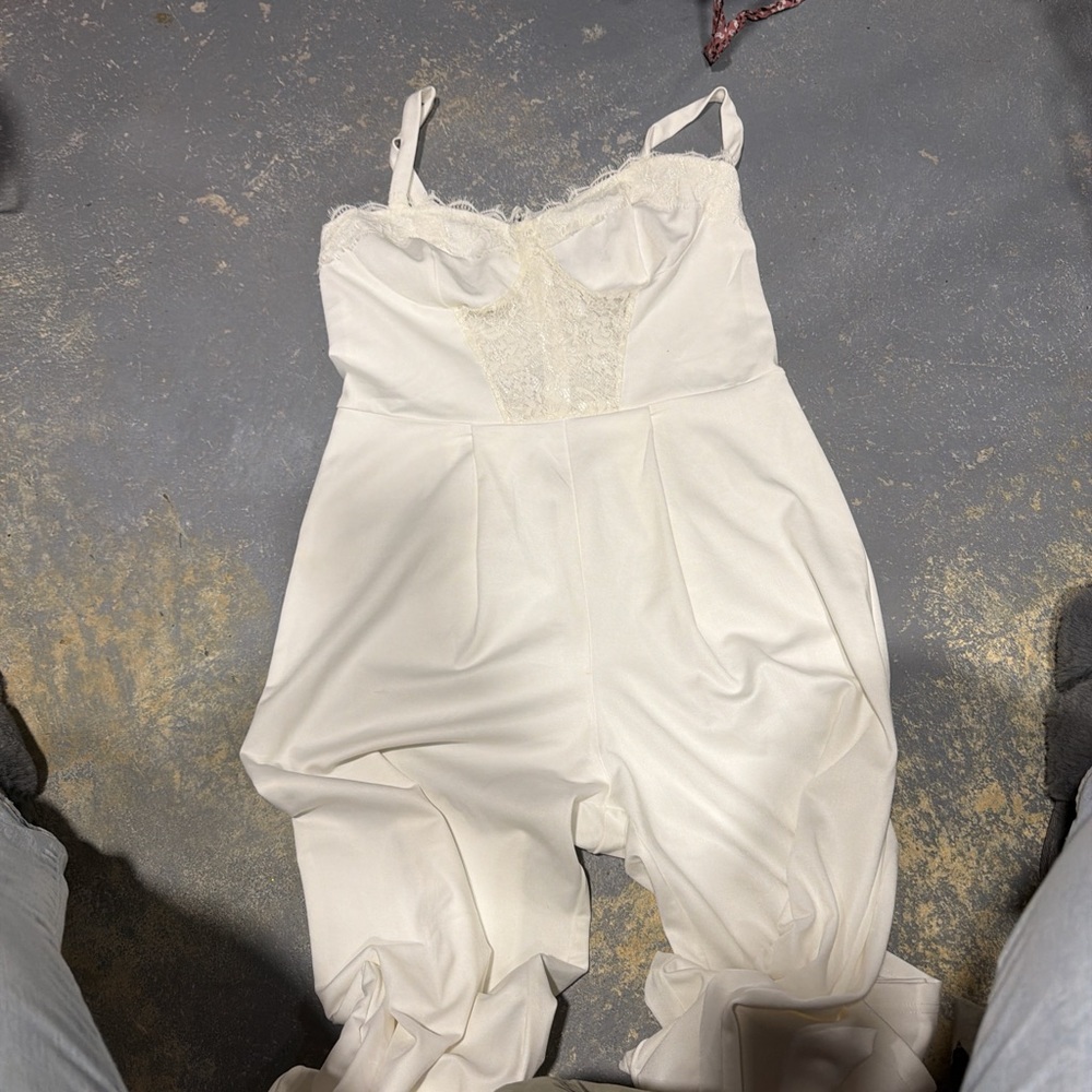 Cider Ivory Satin Jumpsuit with Lace Trim